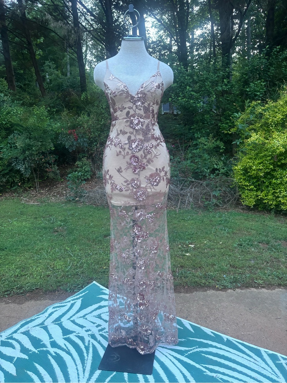 Rose Gold Sequin Floral Maxi Dress with Sheer Overlay